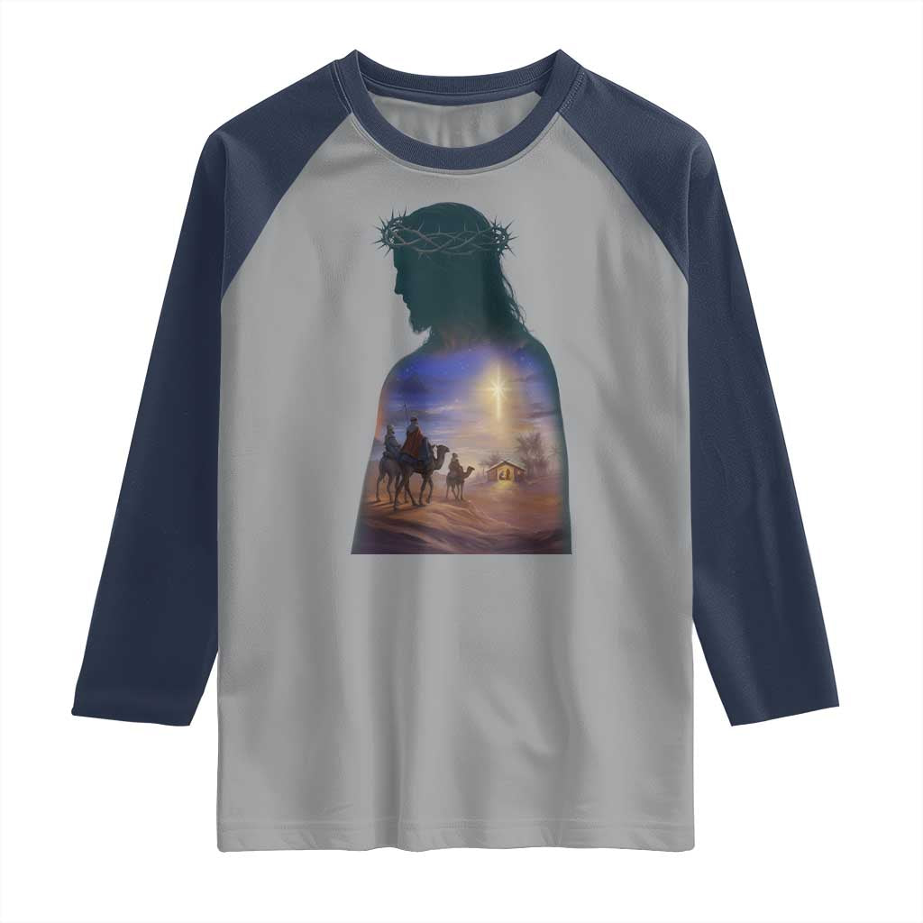 Three Wise Men Nativity Scene Raglan Shirt Christian Jesus Faith TS14 Sport Gray Navy Print Your Wear