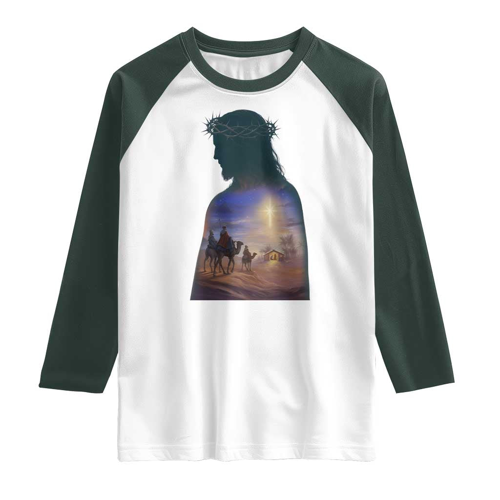 Three Wise Men Nativity Scene Raglan Shirt Christian Jesus Faith TS14 White Dark Forest Green Print Your Wear