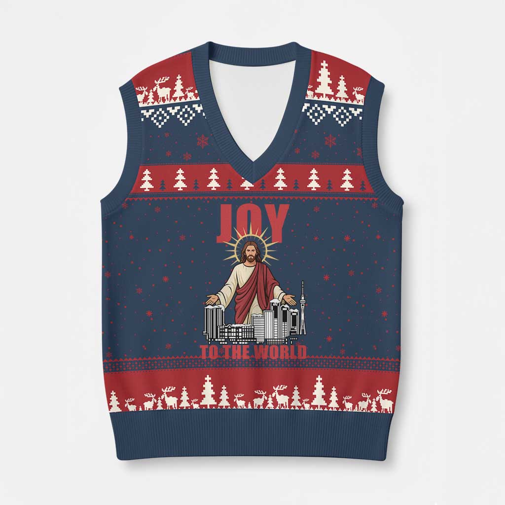 Jesus Xmas V-Neck Knit Sweater Vest Joy To The World Christian TS14 Navy Red Print Your Wear
