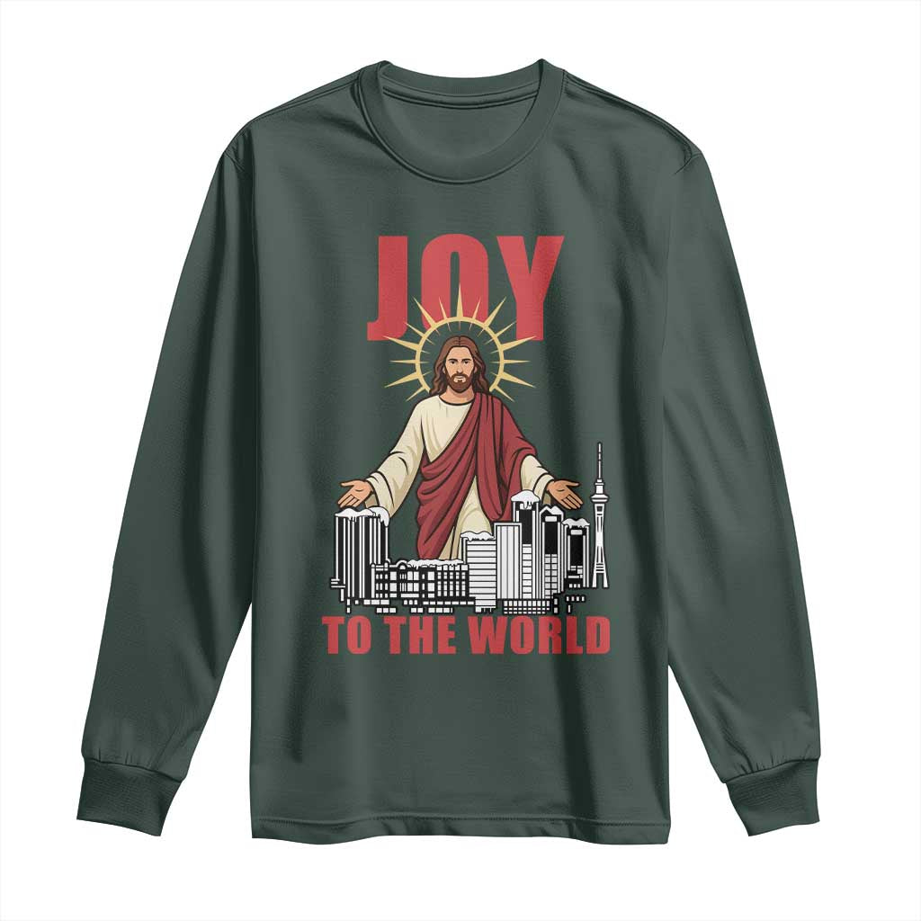 Jesus Christmas Long Sleeve Shirt Joy To The World Christian TS14 Dark Forest Green Print Your Wear