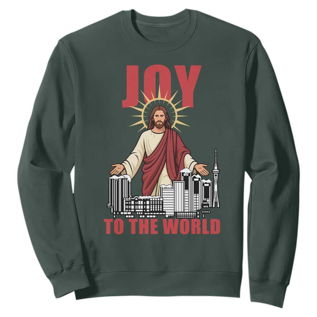 Jesus Christmas Sweatshirt Joy To The World Christian TS14 Dark Forest Green Print Your Wear