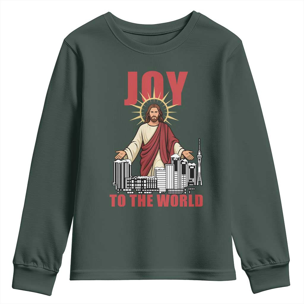 Jesus Christmas Youth Sweatshirt Joy To The World Christian TS14 Dark Forest Green Print Your Wear