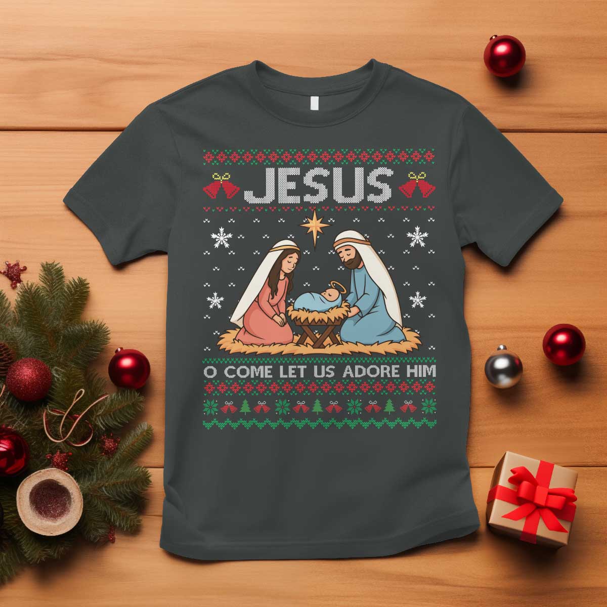 Nativity Scene Christmas T Shirt Baby Jesus Christian Xmas TS14 Dark Heather Print Your Wear