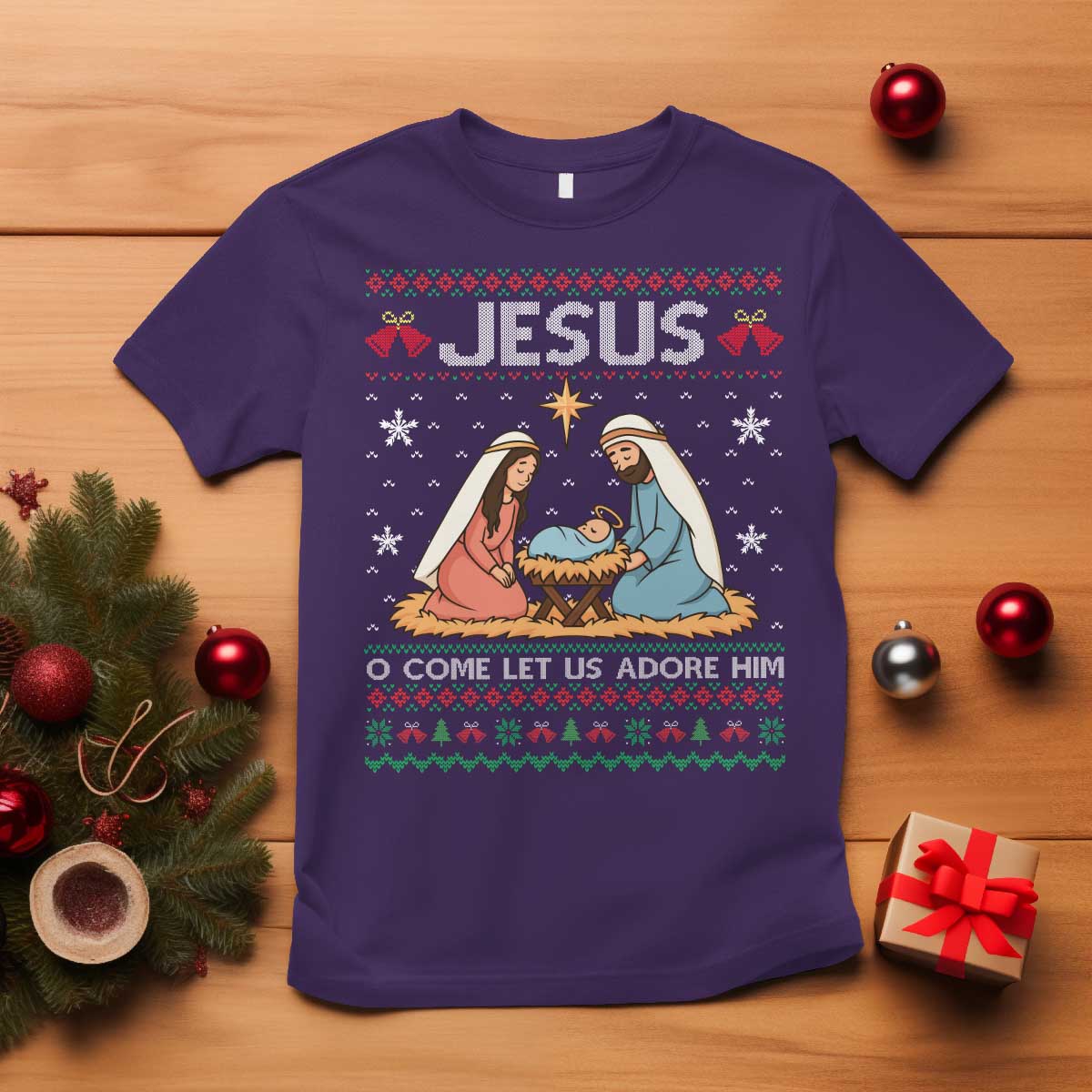 Nativity Scene Christmas T Shirt Baby Jesus Christian Xmas TS14 Purple Print Your Wear