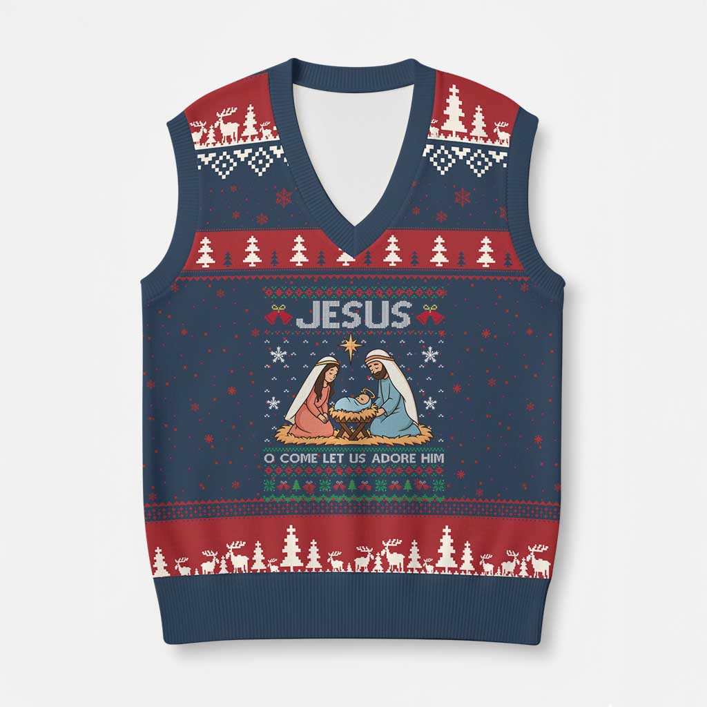 Nativity Scene Xmas V-Neck Knit Sweater Vest Baby Jesus Christian Xmas TS14 Navy Red Print Your Wear