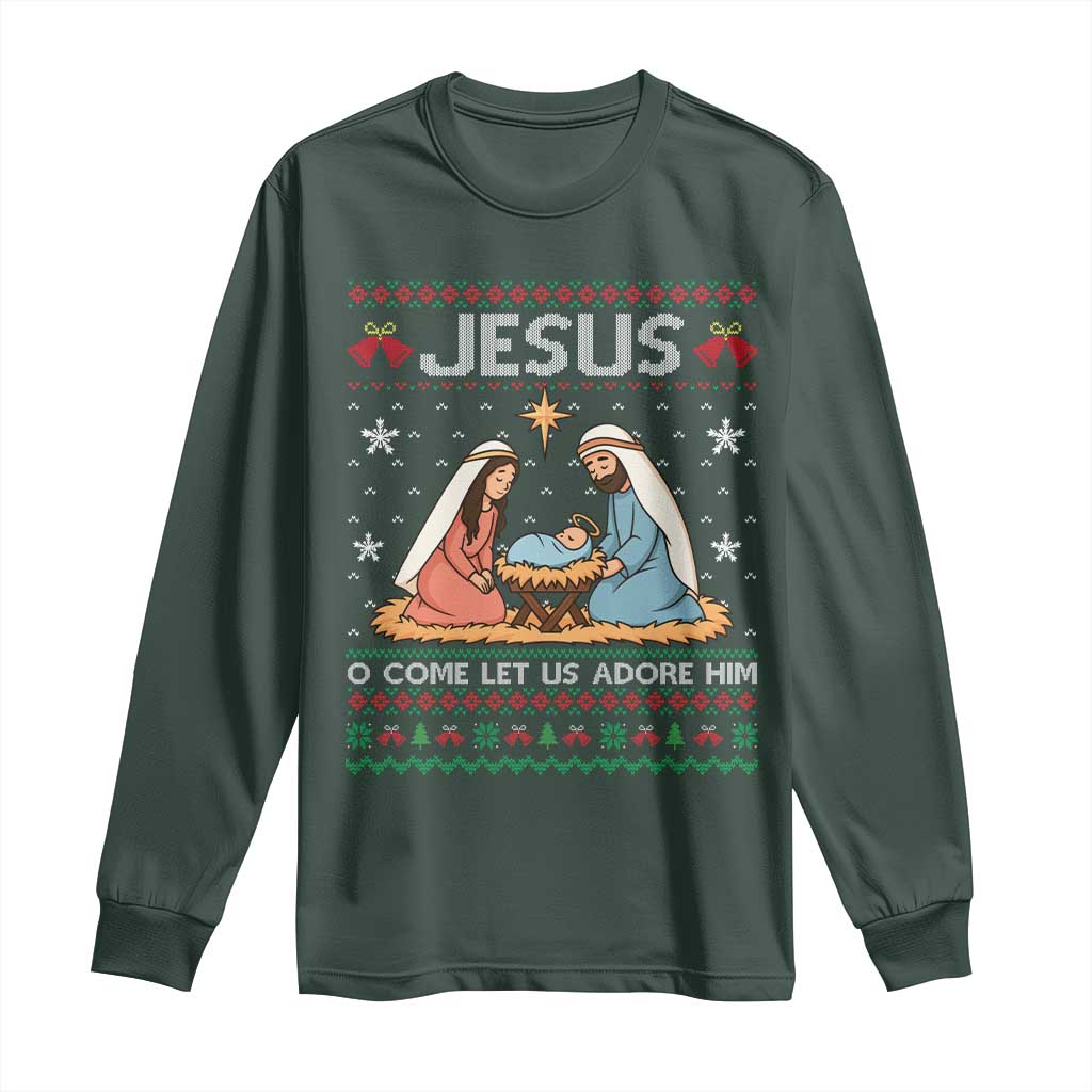 Nativity Scene Christmas Long Sleeve Shirt Baby Jesus Christian Xmas TS14 Dark Forest Green Print Your Wear