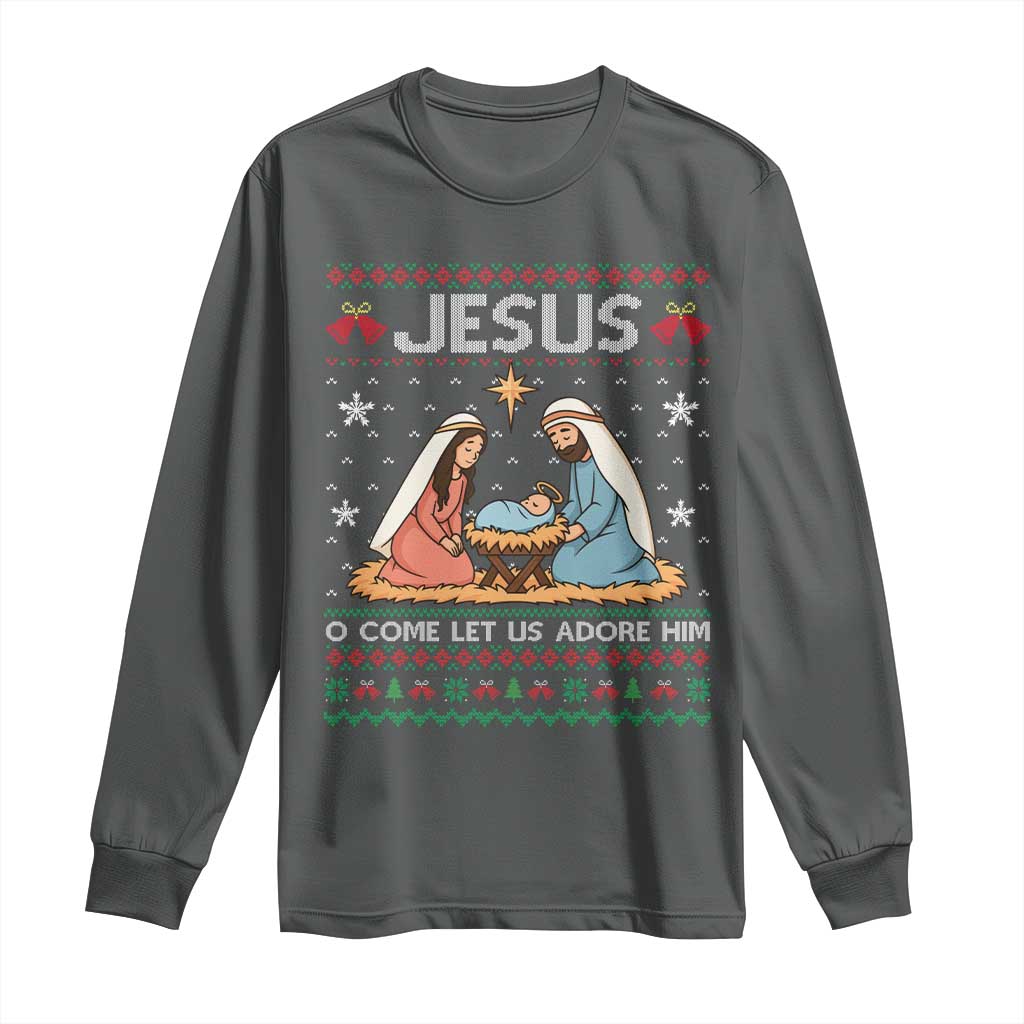 Nativity Scene Christmas Long Sleeve Shirt Baby Jesus Christian Xmas TS14 Dark Heather Print Your Wear