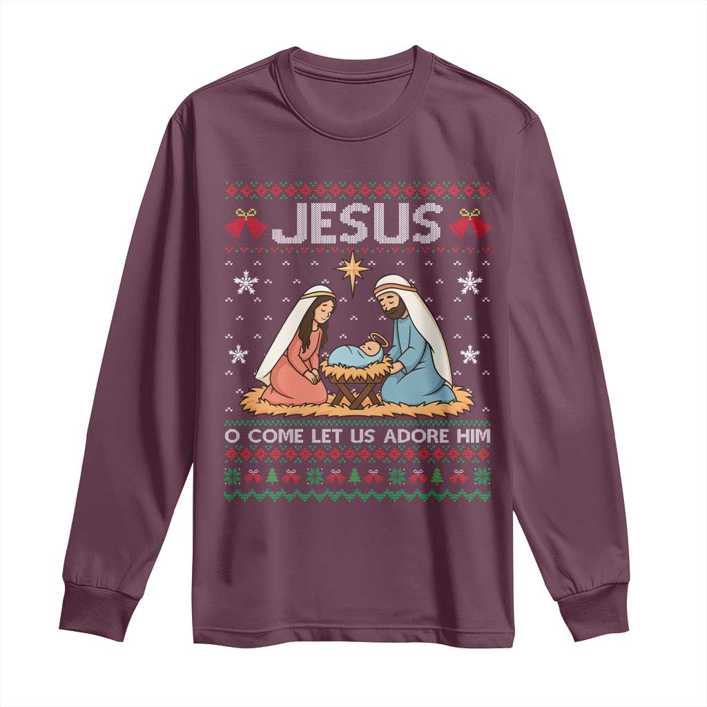 Nativity Scene Christmas Long Sleeve Shirt Baby Jesus Christian Xmas TS14 Maroon Print Your Wear