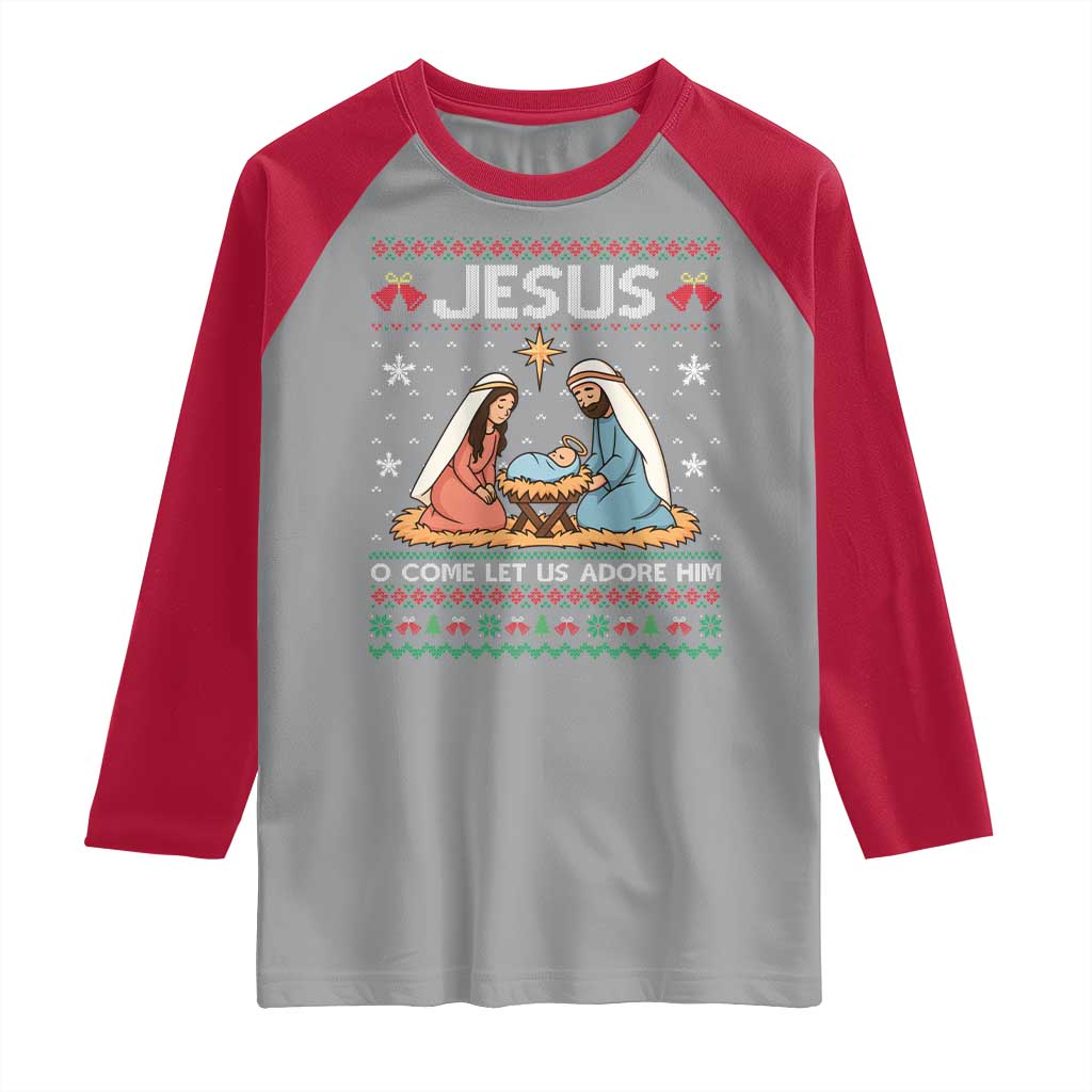 Nativity Scene Christmas Raglan Shirt Baby Jesus Christian Xmas TS14 Sport Gray Red Print Your Wear