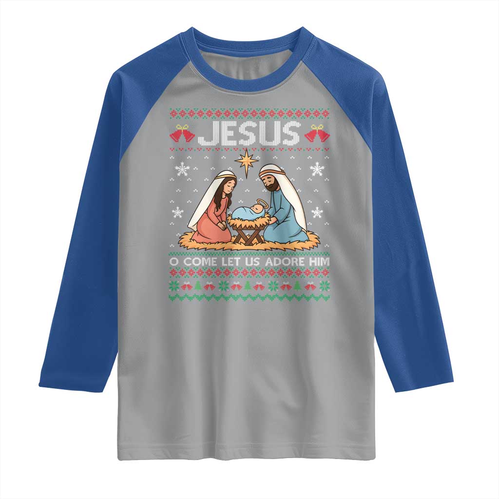 Nativity Scene Christmas Raglan Shirt Baby Jesus Christian Xmas TS14 Sport Gray Royal Print Your Wear