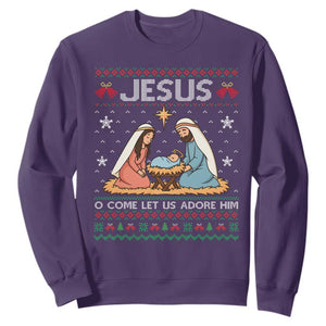 Nativity Scene Christmas Sweatshirt Baby Jesus Christian Xmas TS14 Purple Print Your Wear