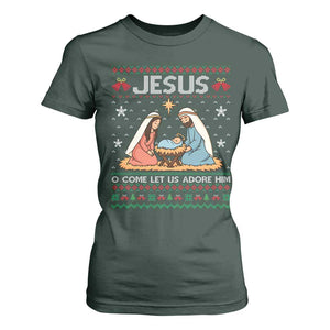 Nativity Scene Christmas T Shirt For Women Baby Jesus Christian Xmas TS14 Dark Forest Green Print Your Wear