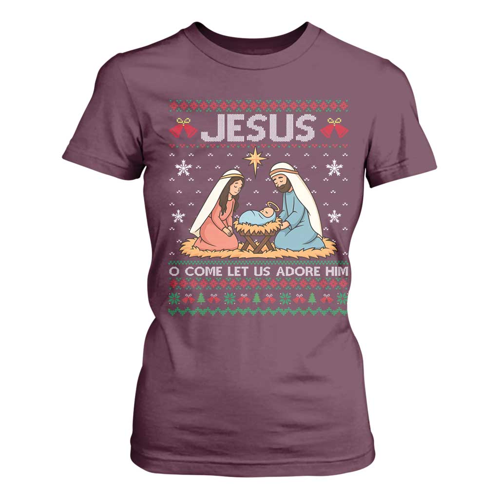 Nativity Scene Christmas T Shirt For Women Baby Jesus Christian Xmas TS14 Maroon Print Your Wear