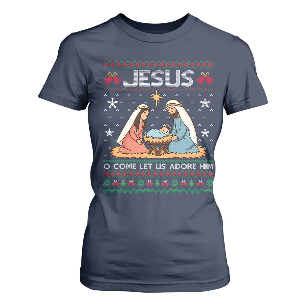 Nativity Scene Christmas T Shirt For Women Baby Jesus Christian Xmas TS14 Navy Print Your Wear