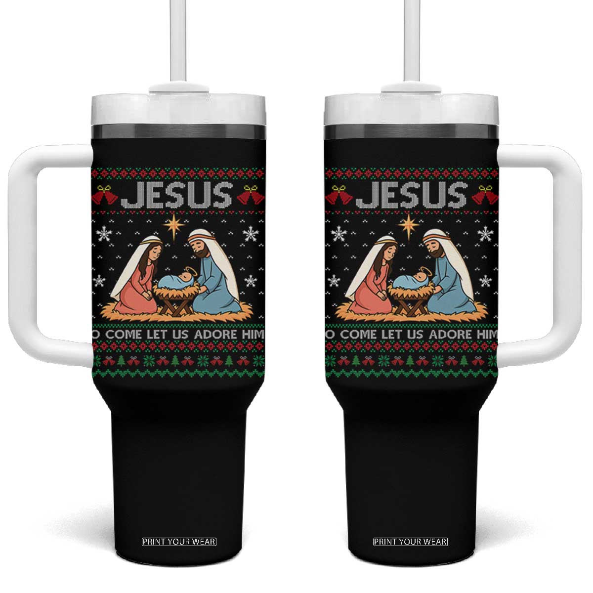 Nativity Scene Christmas Tumbler With Handle Baby Jesus Christian Xmas TS14 One Size: 40 oz Black Print Your Wear
