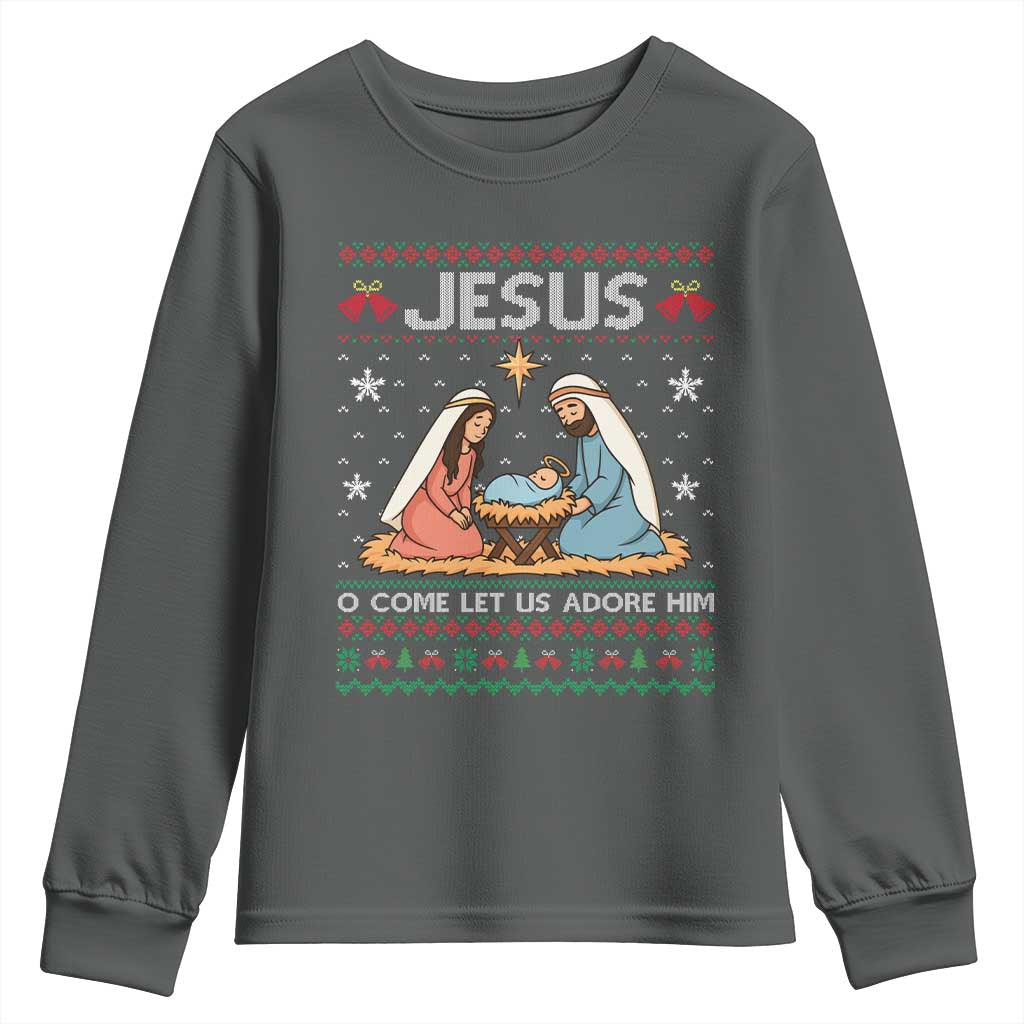 Nativity Scene Christmas Youth Sweatshirt Baby Jesus Christian Xmas TS14 Dark Heather Print Your Wear