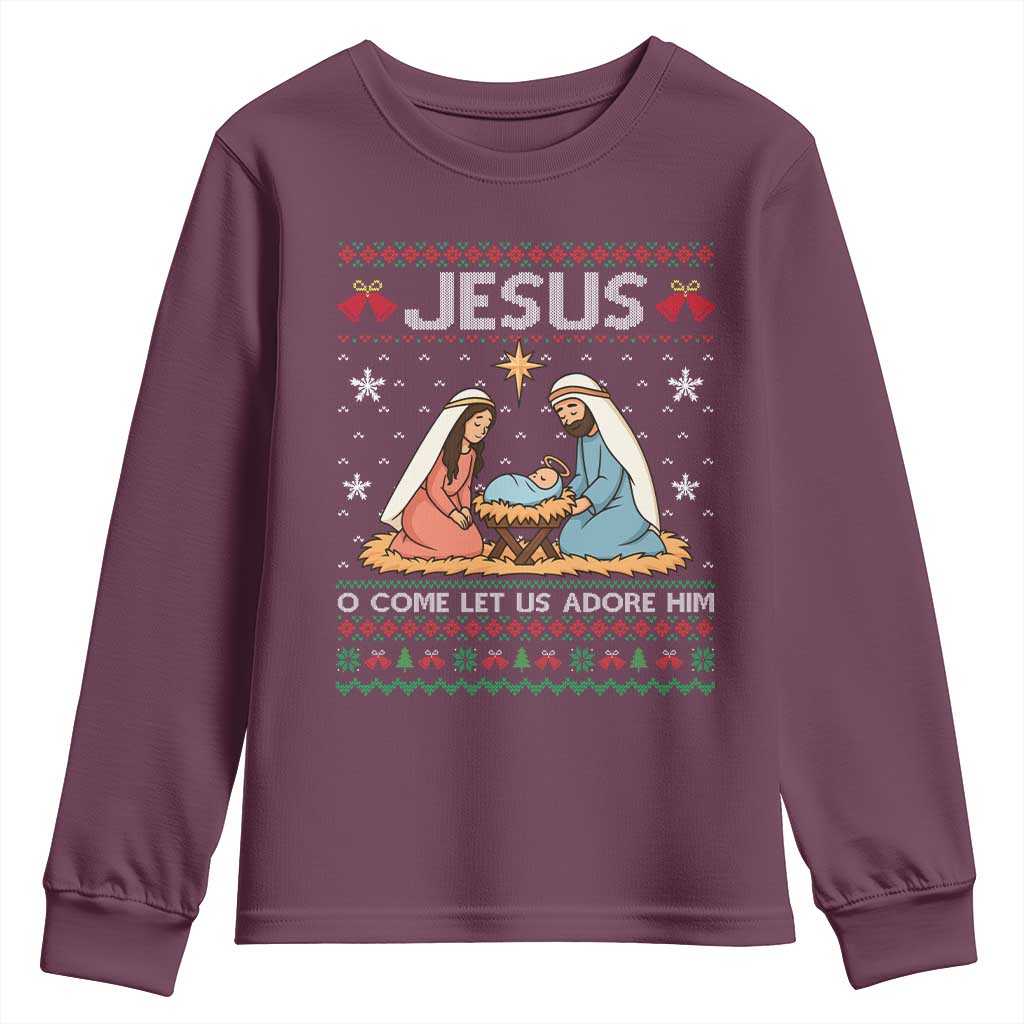 Nativity Scene Christmas Youth Sweatshirt Baby Jesus Christian Xmas TS14 Maroon Print Your Wear