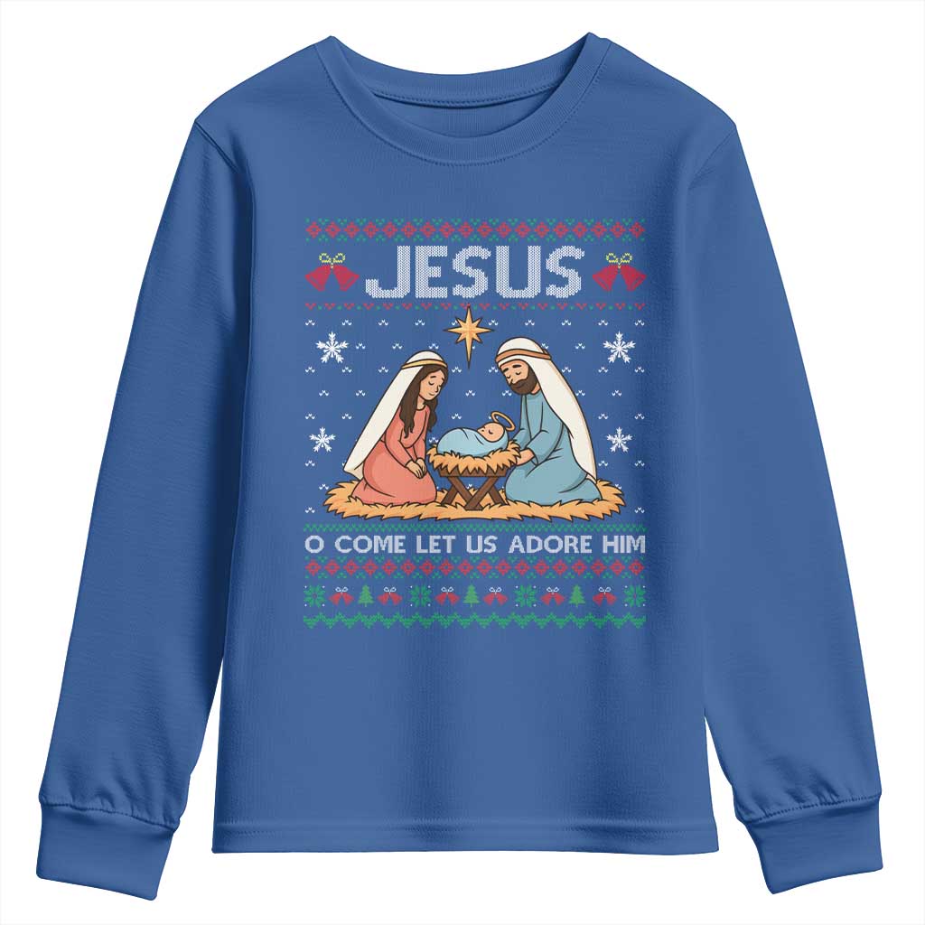 Nativity Scene Christmas Youth Sweatshirt Baby Jesus Christian Xmas TS14 Royal Blue Print Your Wear