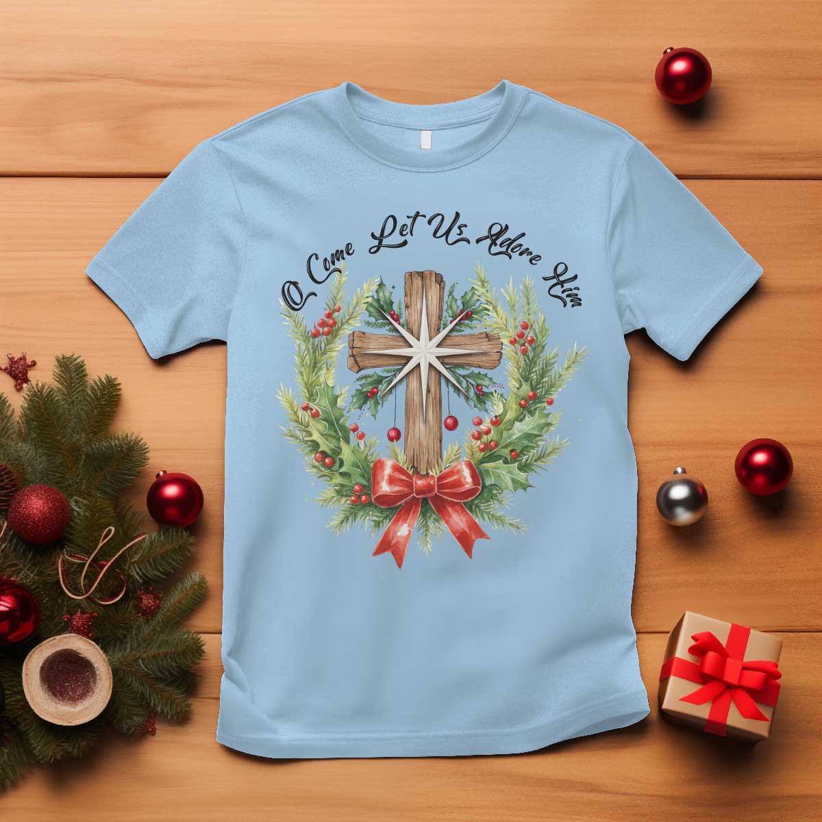 Cross Christmas T Shirt O Come Let Us Adove Him TS14 Light Blue Print Your Wear