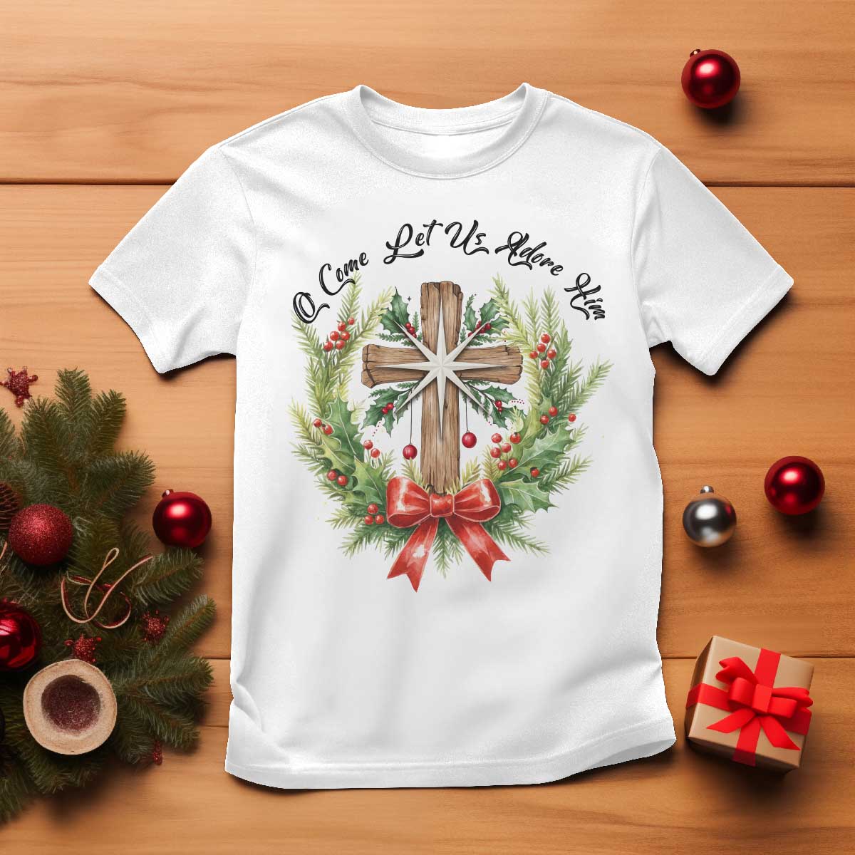 Cross Christmas T Shirt O Come Let Us Adove Him TS14 White Print Your Wear