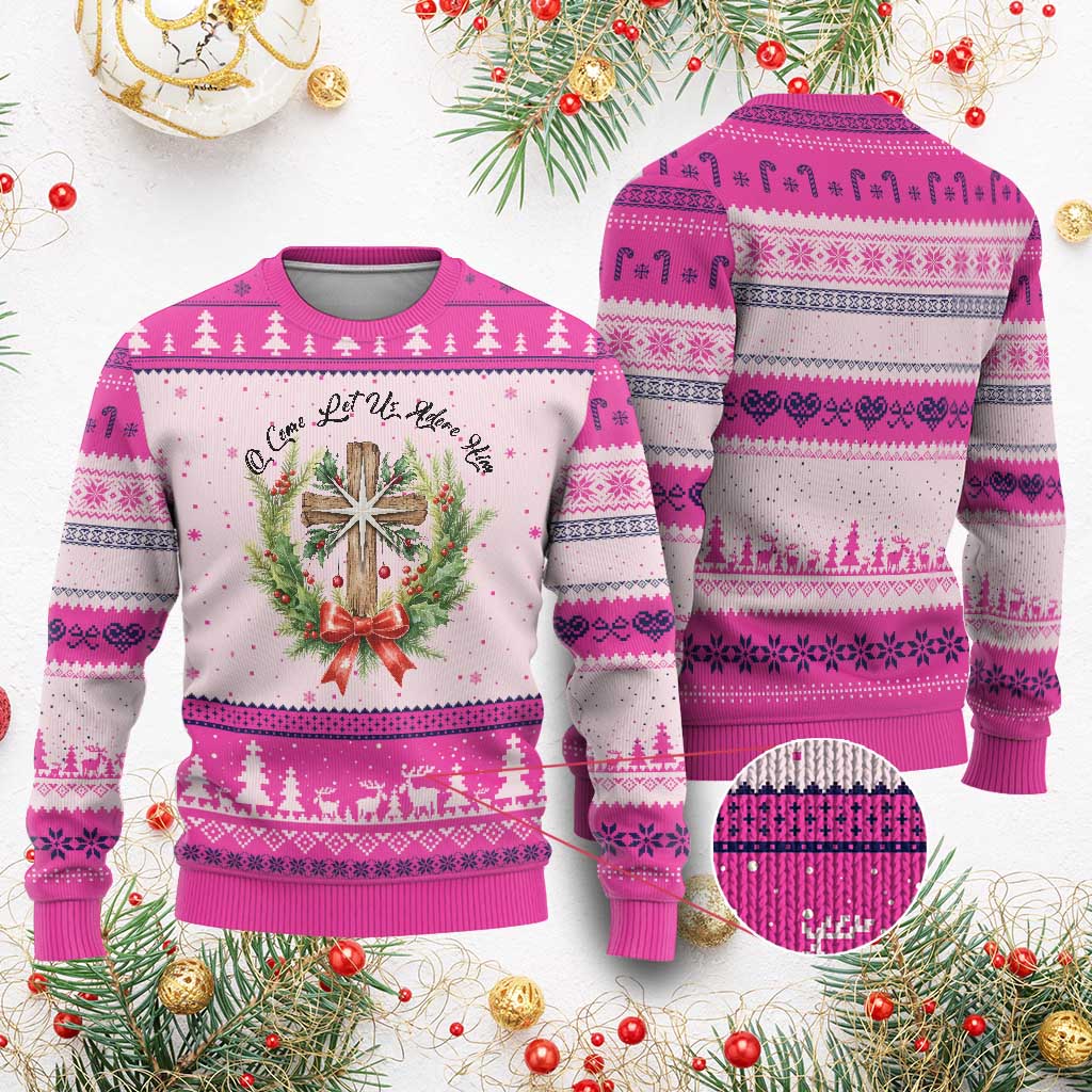 Cross Xmas Ugly Christmas Sweater O Come Let Us Adove Him TS14 Hot Pink Print Your Wear