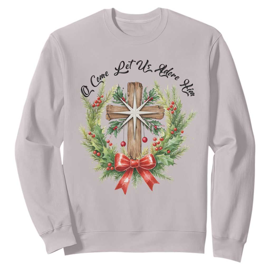 Cross Christmas Sweatshirt O Come Let Us Adove Him TS14 Ice Gray Print Your Wear
