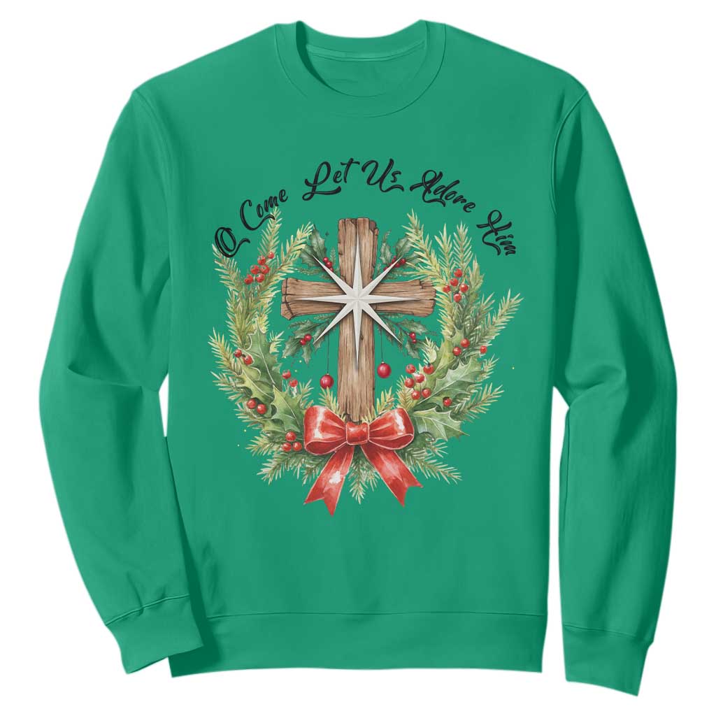 Cross Christmas Sweatshirt O Come Let Us Adove Him TS14 Irish Green Print Your Wear