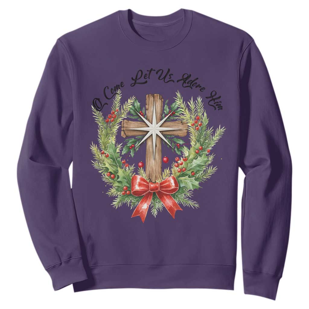 Cross Christmas Sweatshirt O Come Let Us Adove Him TS14 Purple Print Your Wear