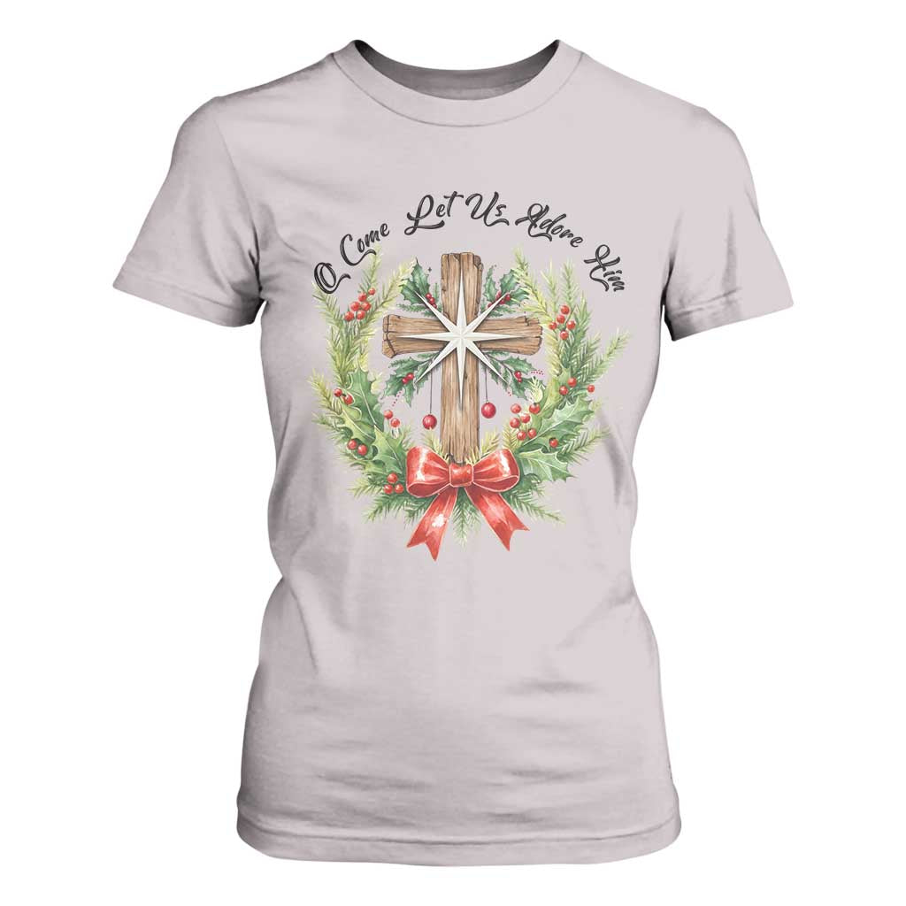 Cross Christmas T Shirt For Women O Come Let Us Adove Him TS14 Ice Gray Print Your Wear