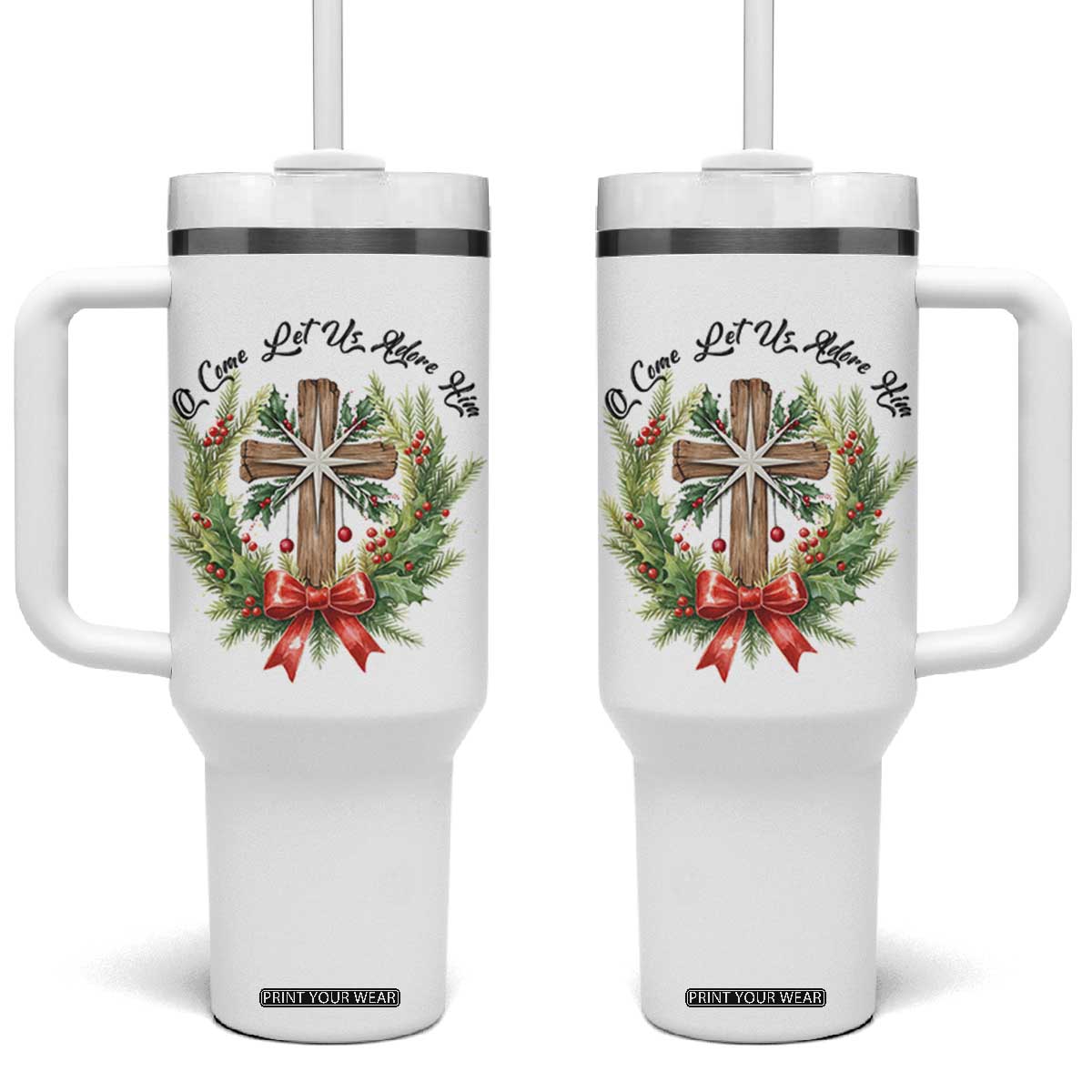 Cross Christmas Tumbler With Handle O Come Let Us Adove Him TS14 One Size: 40 oz White Print Your Wear