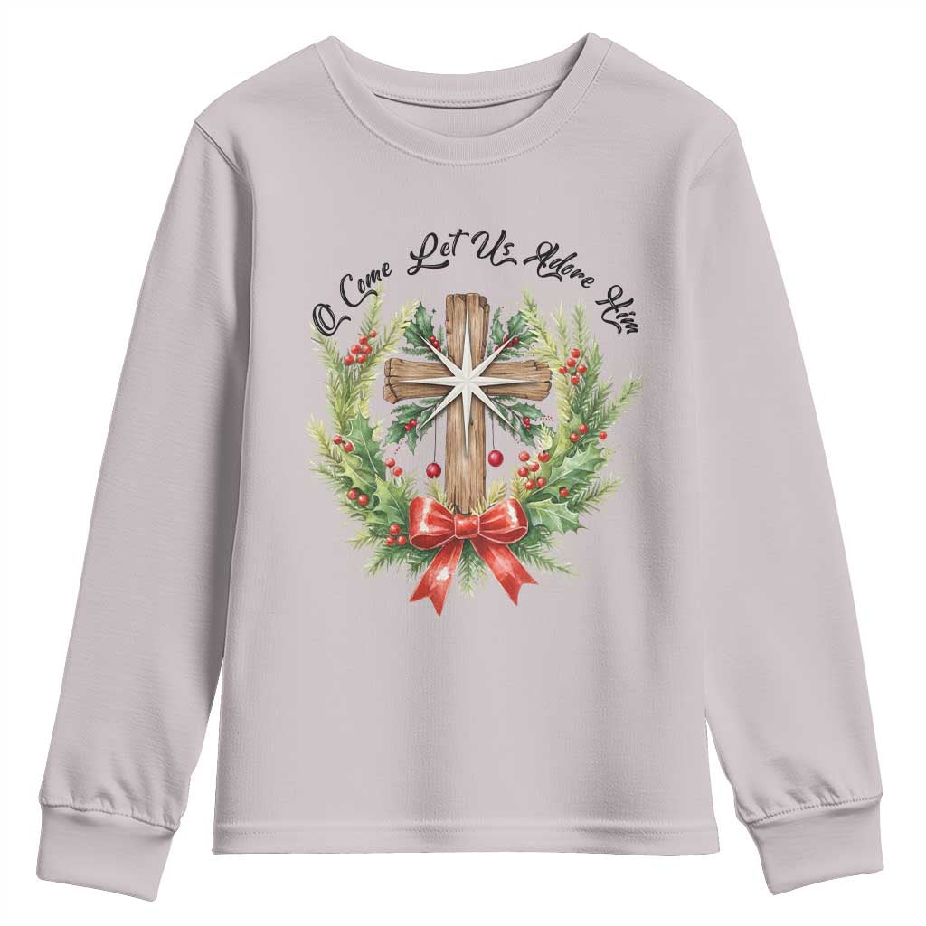 Cross Christmas Youth Sweatshirt O Come Let Us Adove Him TS14 Ice Gray Print Your Wear
