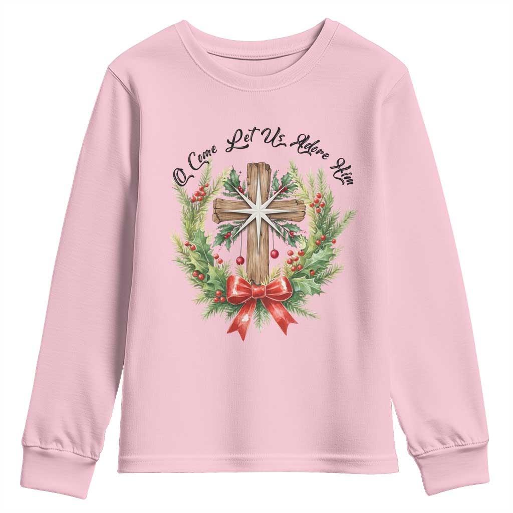 Cross Christmas Youth Sweatshirt O Come Let Us Adove Him TS14 Light Pink Print Your Wear