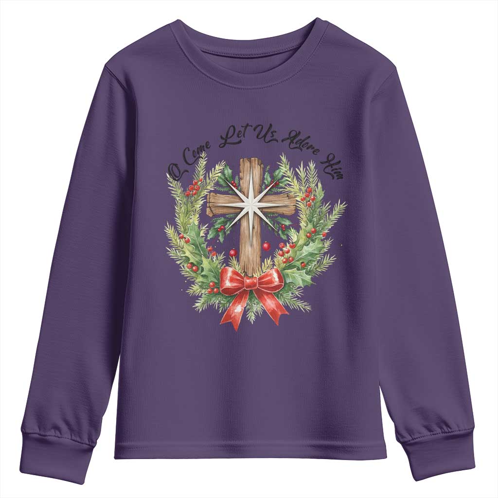 Cross Christmas Youth Sweatshirt O Come Let Us Adove Him TS14 Purple Print Your Wear