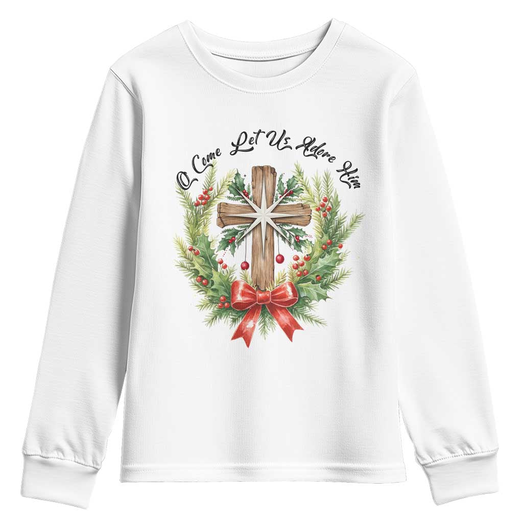 Cross Christmas Youth Sweatshirt O Come Let Us Adove Him TS14 White Print Your Wear
