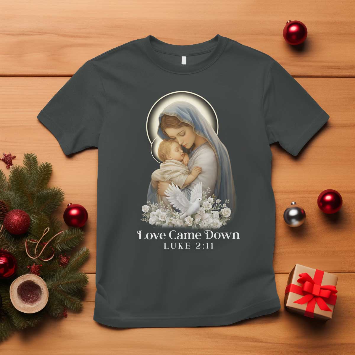 Christian Christmas T Shirt Love Came Down Luke 2:11 TS14 Dark Heather Print Your Wear