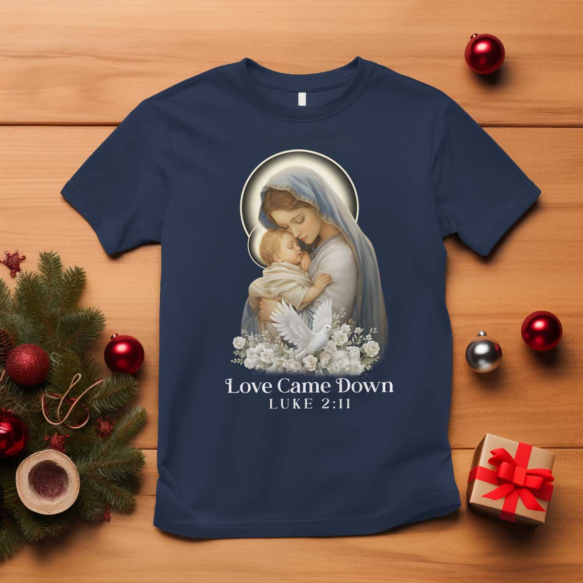 Christian Christmas T Shirt Love Came Down Luke 2:11 TS14 Navy Print Your Wear