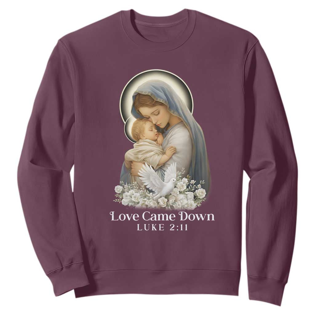 Christian Christmas Sweatshirt Love Came Down Luke 2:11 TS14 Maroon Print Your Wear