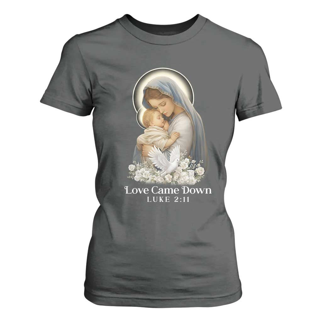 Christian Christmas T Shirt For Women Love Came Down Luke 2:11 TS14 Dark Heather Print Your Wear