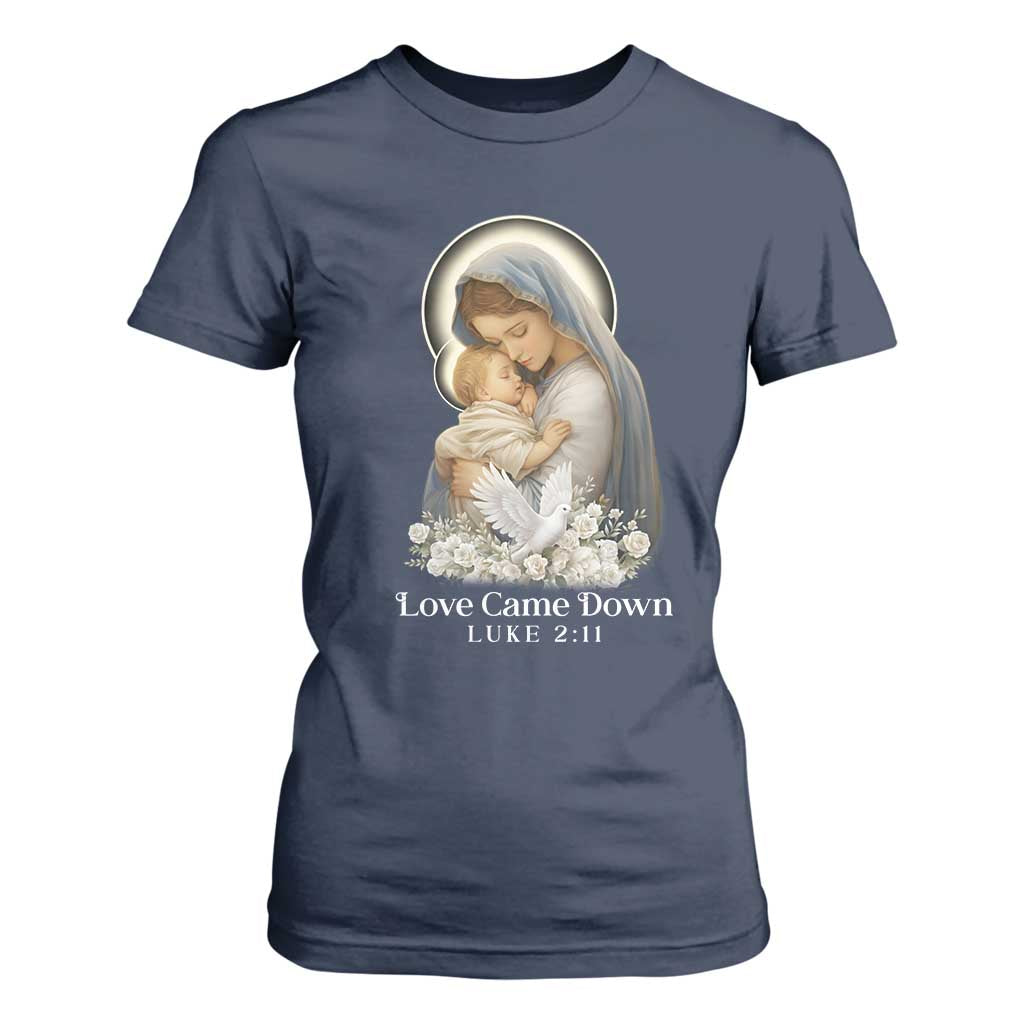 Christian Christmas T Shirt For Women Love Came Down Luke 2:11 TS14 Navy Print Your Wear