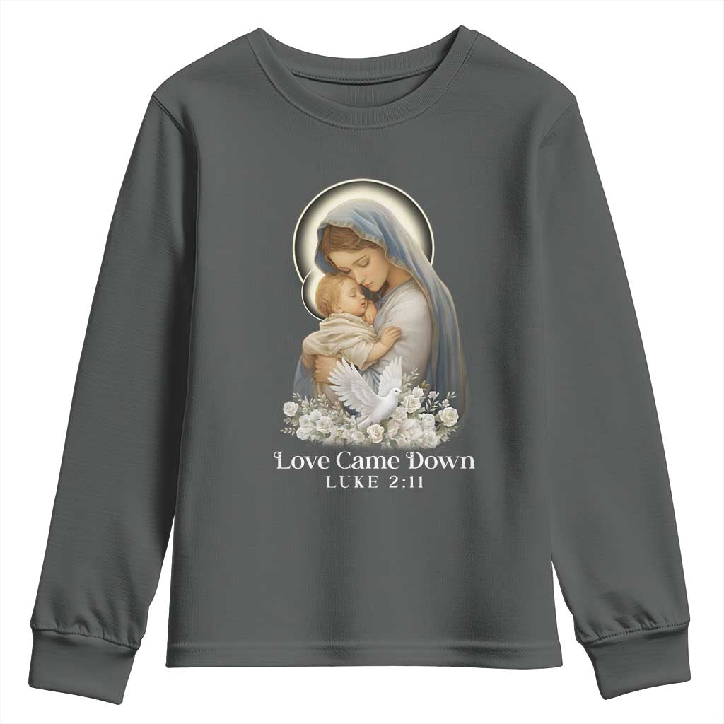Christian Christmas Youth Sweatshirt Love Came Down Luke 2:11 TS14 Dark Heather Print Your Wear