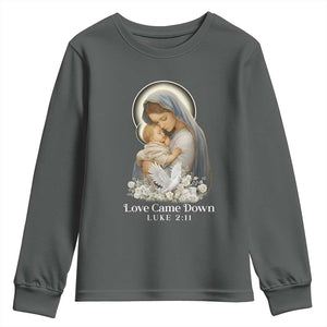 Christian Christmas Youth Sweatshirt Love Came Down Luke 2:11 TS14 Dark Heather Print Your Wear