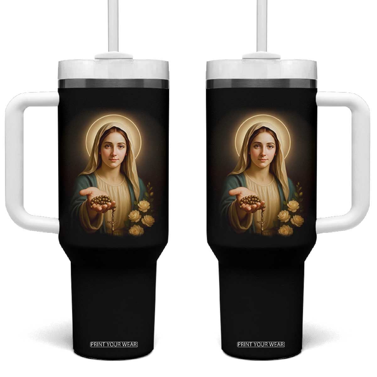 Virgin Mary Maria Tumbler With Handle Catholic Christian Faith TS14 One Size: 40 oz Black Print Your Wear