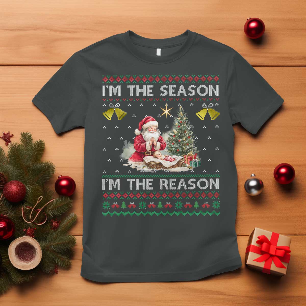 Jesus Christmas T Shirt Santa With Jesus Baby Reason Xmas TS14 Dark Heather Print Your Wear
