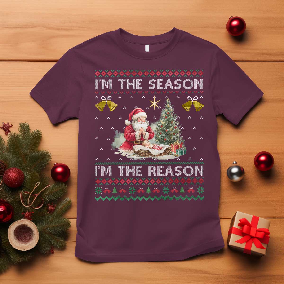 Jesus Christmas T Shirt Santa With Jesus Baby Reason Xmas TS14 Maroon Print Your Wear