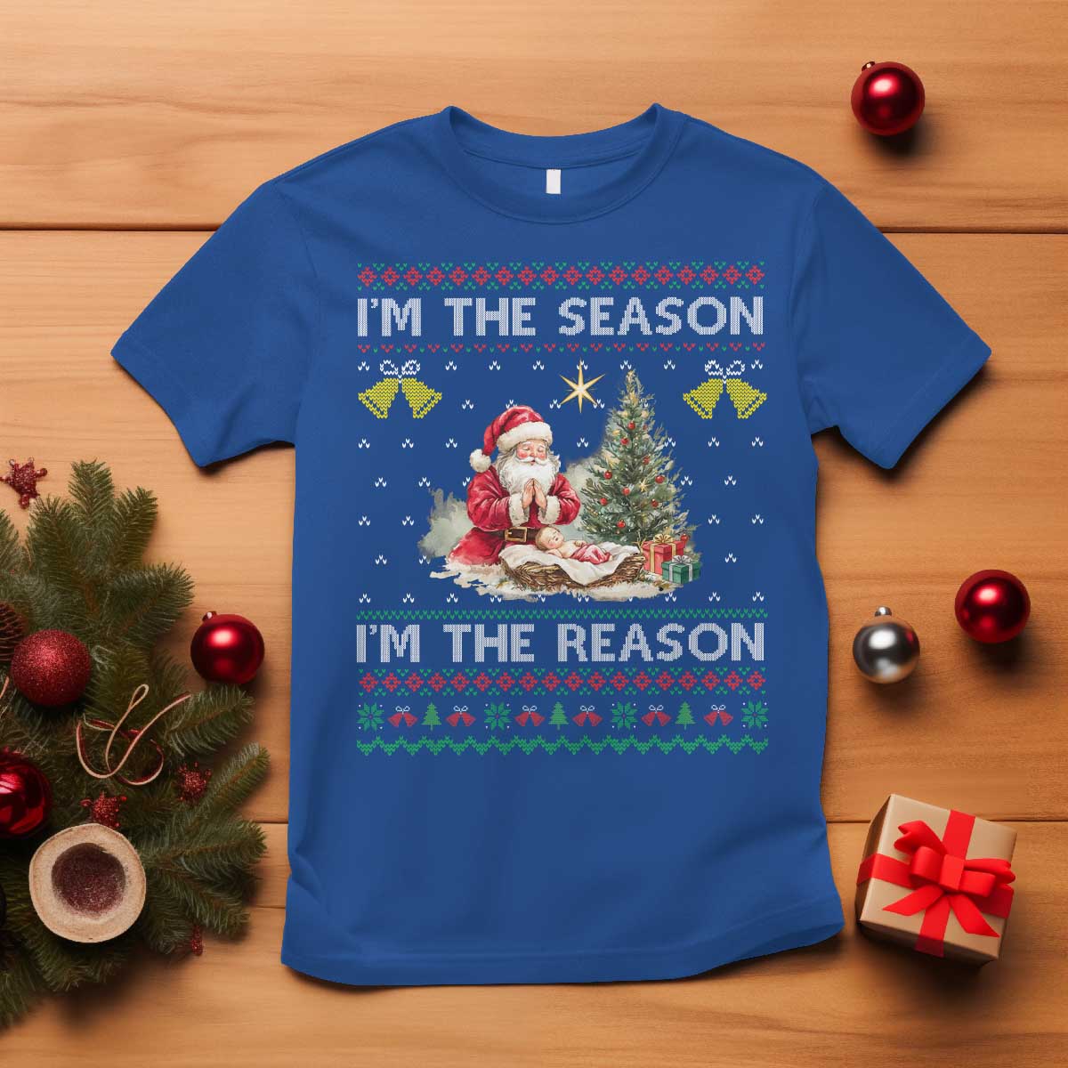 Jesus Christmas T Shirt Santa With Jesus Baby Reason Xmas TS14 Royal Blue Print Your Wear