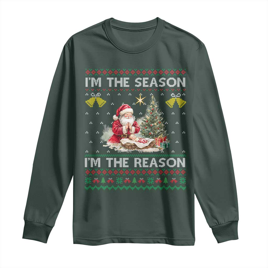 Jesus Christmas Long Sleeve Shirt Santa With Jesus Baby Reason Xmas TS14 Dark Forest Green Print Your Wear