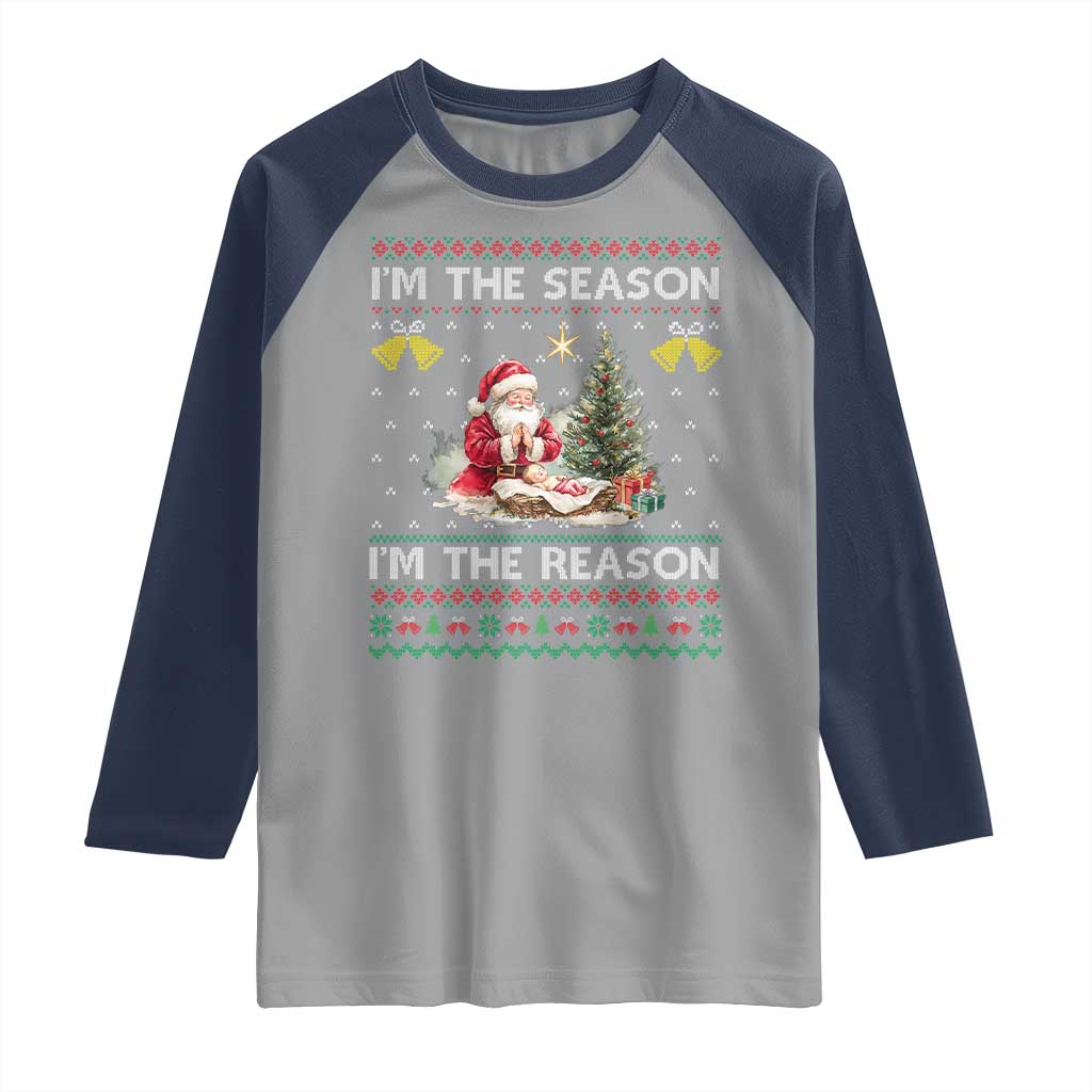 Jesus Christmas Raglan Shirt Santa With Jesus Baby Reason Xmas TS14 Sport Gray Navy Print Your Wear
