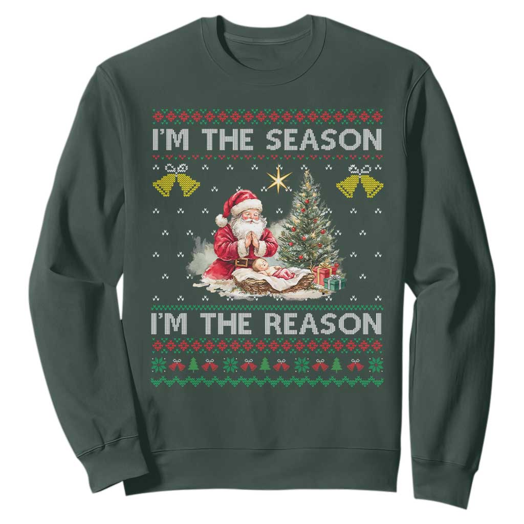 Jesus Christmas Sweatshirt Santa With Jesus Baby Reason Xmas TS14 Dark Forest Green Print Your Wear