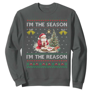 Jesus Christmas Sweatshirt Santa With Jesus Baby Reason Xmas TS14 Dark Heather Print Your Wear