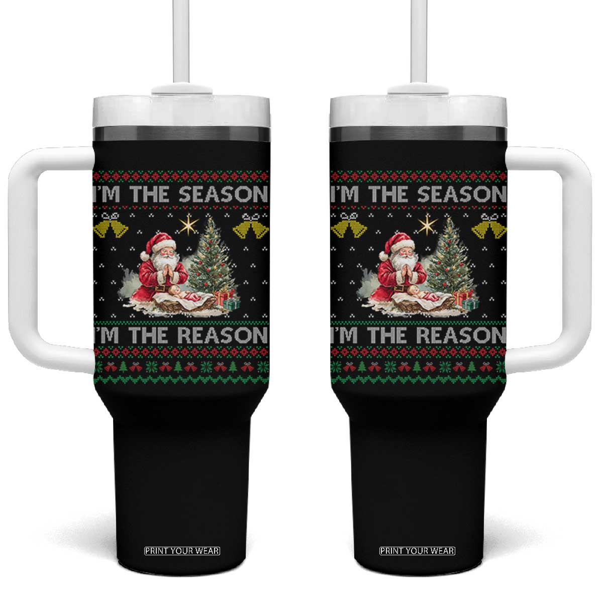 Jesus Christmas Tumbler With Handle Santa With Jesus Baby Reason Xmas TS14 One Size: 40 oz Black Print Your Wear